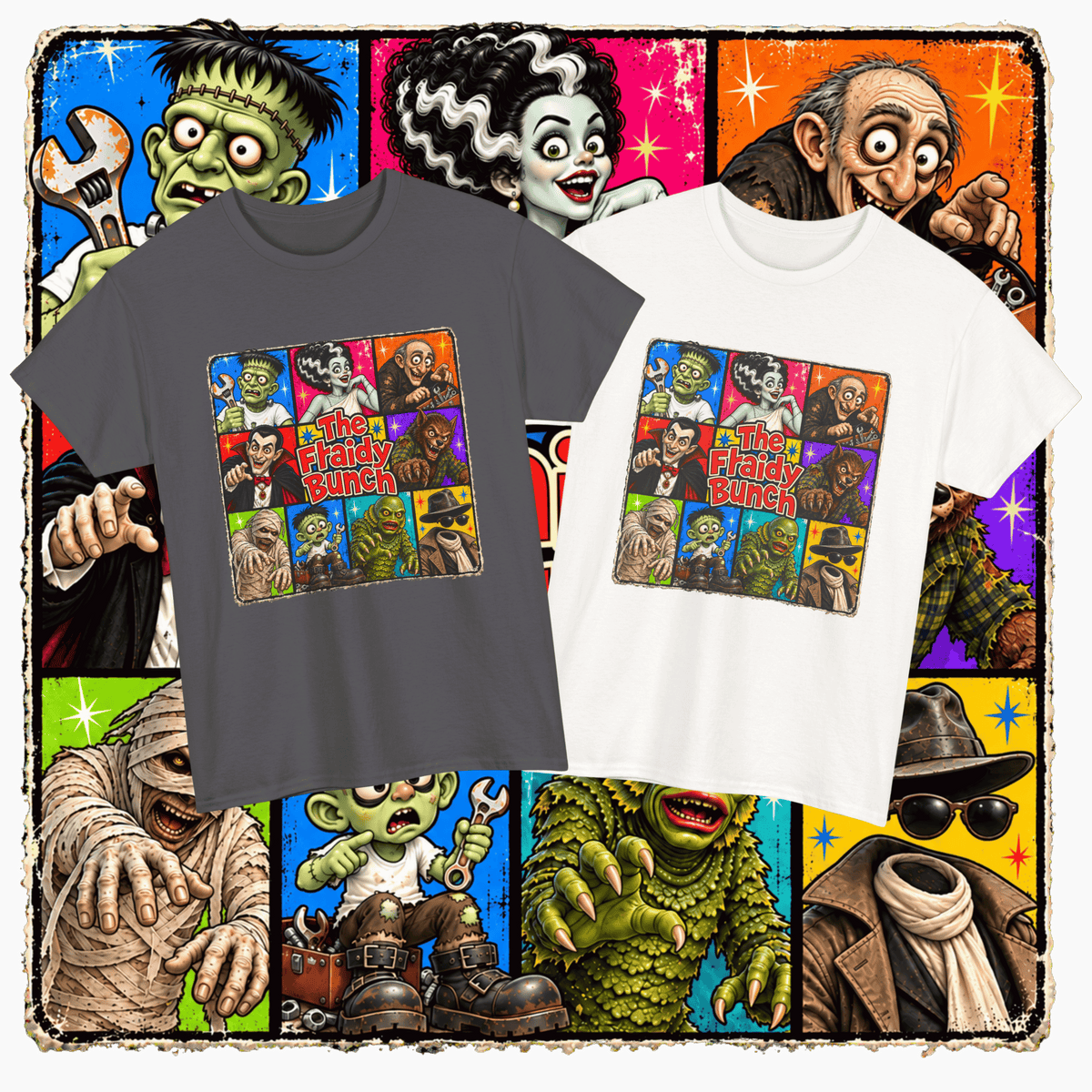 The Fraidy Bunch – Funny Retro Monster Family Halloween Graphic T-Shirt