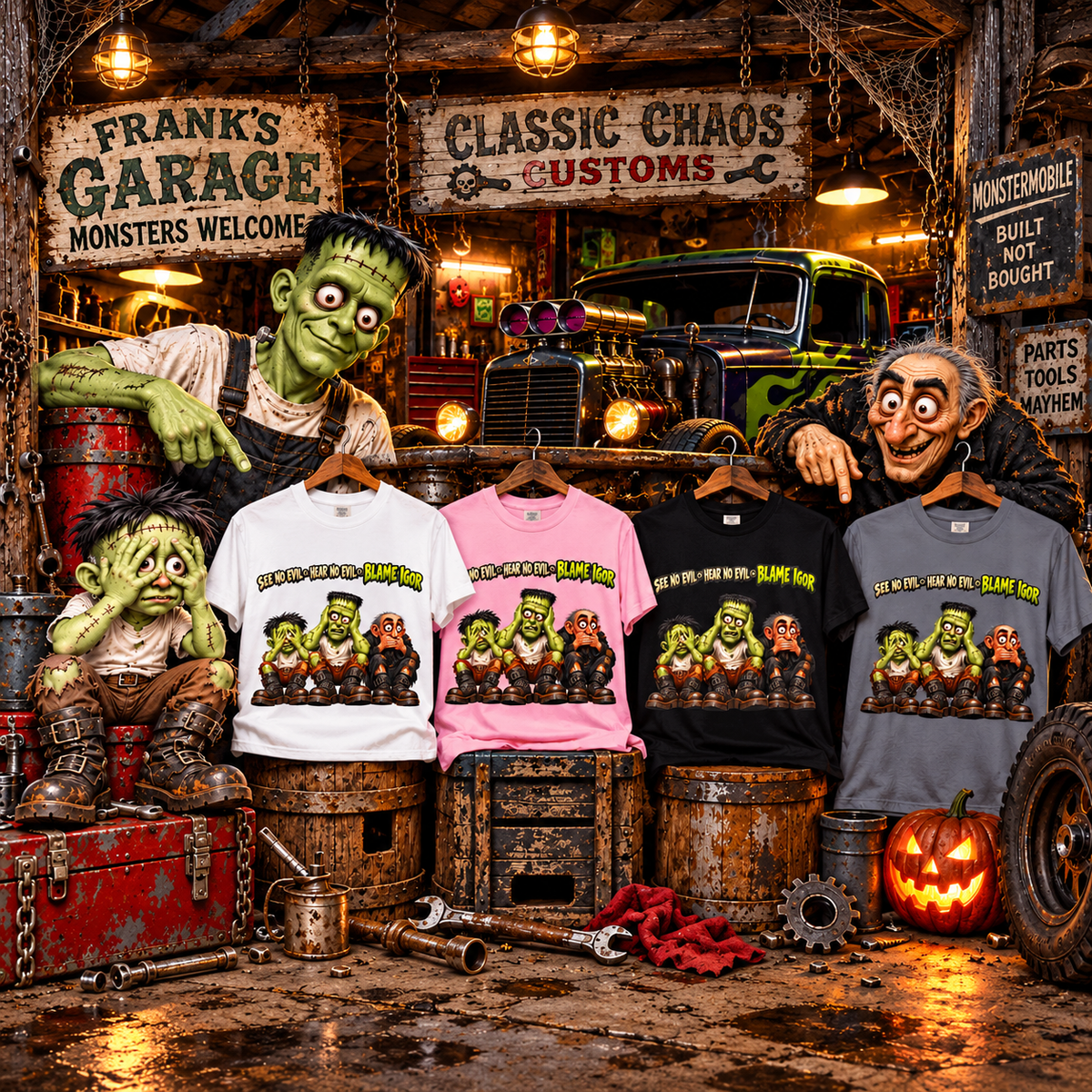 See No Evil Hear No Evil Blame Igor – Funny Monster Mechanic T-Shirt
